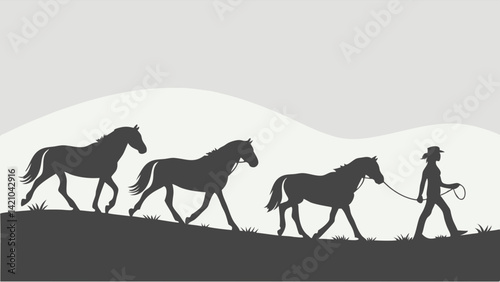 Woman Leading Three Horses Silhouette Equestrian Black and White