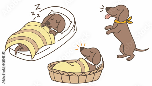 Cute Dachshund Dogs Sleeping Barking Cartoon Bed Basket