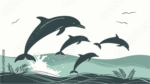 Stylized Dolphins Jumping Ocean Waves Vector Art