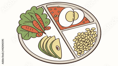 Healthy Divided Food Plate Salad Veggies Avocado Eggs Soybeans Balanced Diet Meal Prep