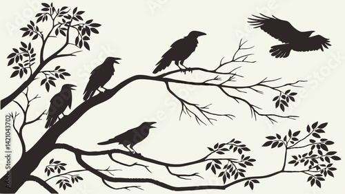 Black White Eagle Crows Tree Silhouette Vector