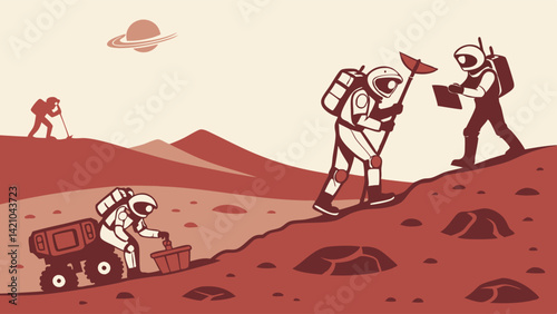 Cartoon Astronauts on Mars Exploring with Rover Illustration