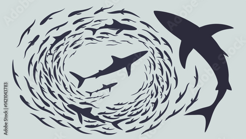 Circular Swirl of Fish with Sharks - Vector Illustration