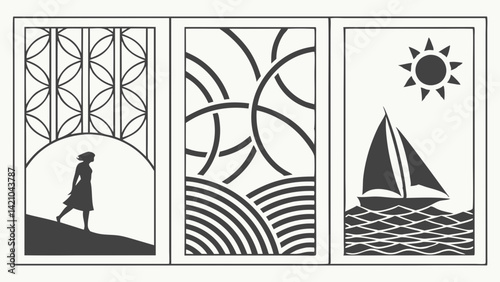 Black White Graphic Art Triptych Woman Hill Sailboat Sunny Seascape