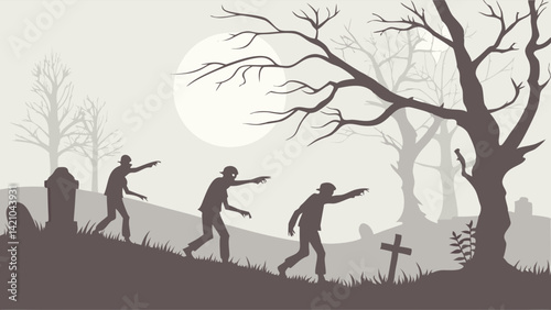 Zombie Silhouette Graveyard Full Moon Halloween Night Spooky Scary Dark Horror Stock Photo Vector Graphic Art