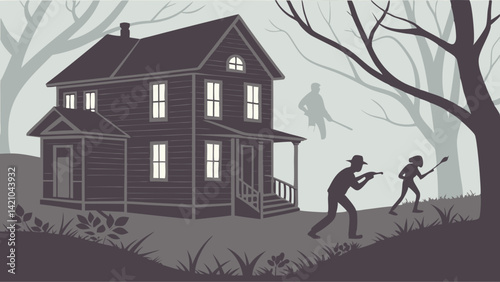Spooky Haunted House Dark Woods Armed Figures Silhouette Horror Thriller Graphic Art