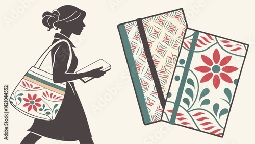 Stylish Woman with Floral Tote Bag and Decorative Notebooks Vector Art