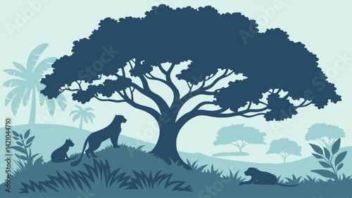 Blue Toned African Savanna Landscape Leopard Silhouettes Vector Art