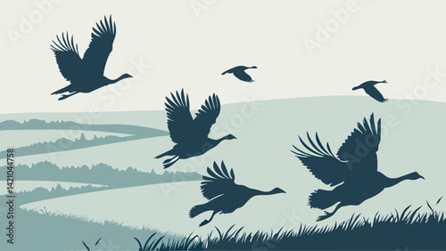 Flying Geese Silhouette Vector Art Landscape