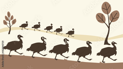 Walking Turkeys Line Fall Landscape Illustration Brown Beige