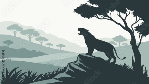 Wild Black Panther Roaring Savanna Silhouette Art