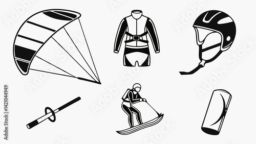 Kitesurfing Safety Equipment Black White Vector Illustrations