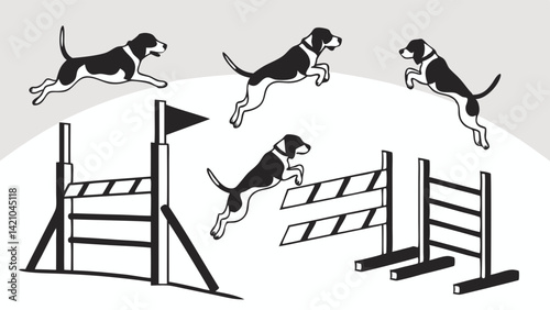Dog Agility Illustration Dogs Jumping Hurdles Black and White