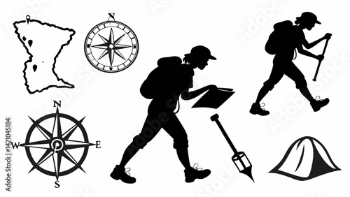 Outdoor Hiking People Silhouettes Map Compass Tent Backpack Vector