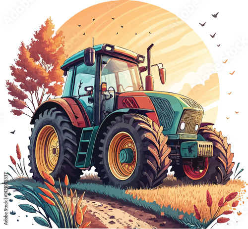 Green Eco Tractor with Harvester – Flat Vector Graphic

