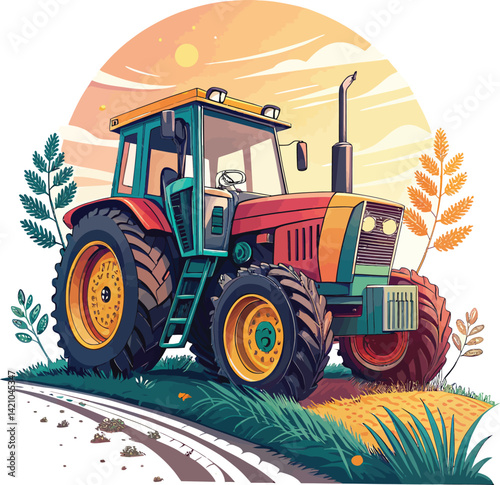 Tractor in Wheat Field – Rural Farming Vector Scene