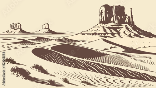 Vintage Black and White Desert Mesas and Sand Dunes Illustration