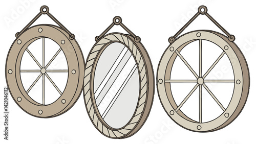 Coastal Rustic Nautical Round & Oval Mirror Window Wall Decor Set