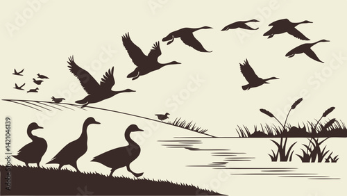 Vintage Sepia Geese Silhouette Vector Flying Birds Nature Water Reeds