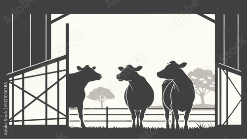 Black and White Silhouette Cows in Barn Vector Illustration Farm Animals Rural Countryside Agriculture Livestock Stock Photography