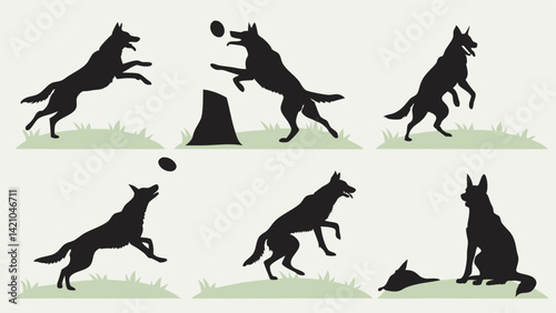 Black Dog Silhouette Frisbee Catch Vector Art