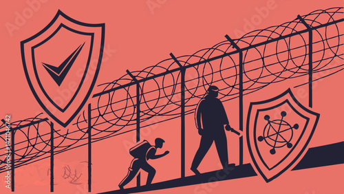 Barbed Wire Border Fence Security - Migrant Running from Guard Graphic Illustration