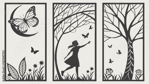 Decorative Butterfly Girl Tree Nature Art Silhouette Panels
