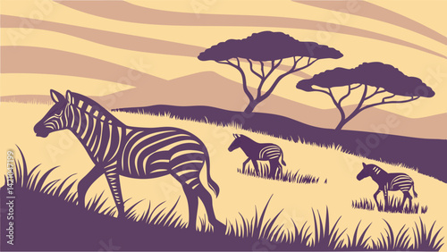 African Savanna Zebra Herd Landscape Vector Illustration
