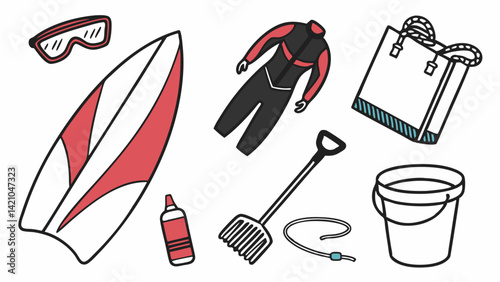 Summer Beach Essentials Line Art: Surfboard Wetsuit Goggles Bucket Shovel Bag