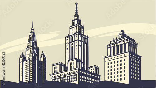 Vintage Skyscrapers Retro Architecture Sepia Stylized Building Illustration Urban Cityscape