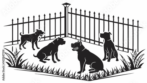 Black and White Silhouette Pitbull Dogs in Fenced Corner Yard Graphic