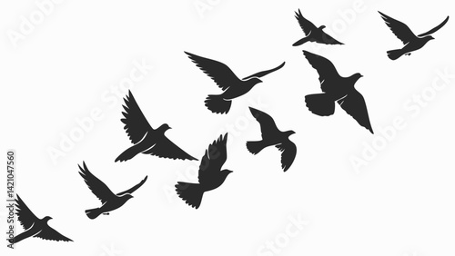 Diagonal Flock of Birds Flying Black Silhouette