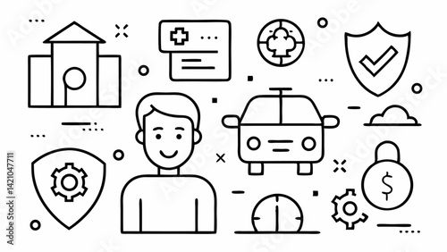Vector set of editable insurance icons with a clean line style representing financial protection health coverage risk management and related digital graphics