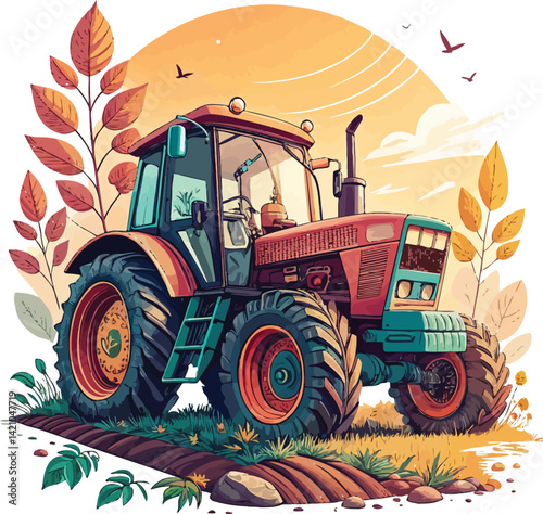 Vintage Farm Tractor Vector Illustration