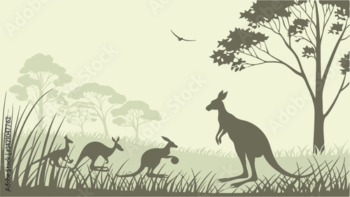 Kangaroo Family Silhouette Australian Outback Grassy Landscape Vector