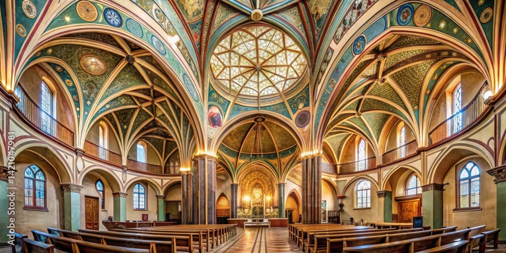 Obraz premium Intricate abstract design made of curved lines and geometric shapes adorning the walls of a historic church interior , architectural elements , sacred architecture