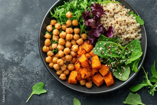 Colorful, healthy bowl featuring quinoa, chickpeas, sweet potato, and greens. photo
