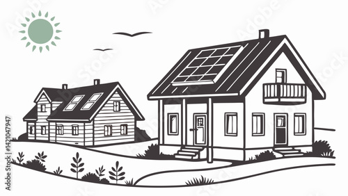 Cartoon Black and White Houses Solar Panels Sun Birds Residential Real Estate
