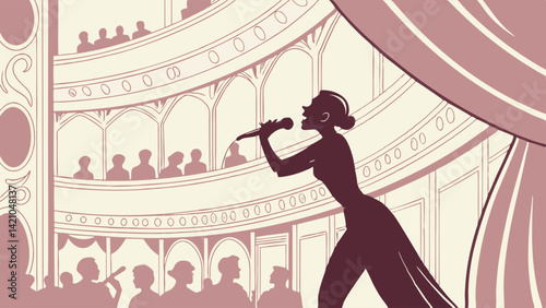 Vintage Sepia Woman Singer Silhouette Stage Opera House Art Illustration