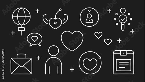 Modern love icon set in editable vector format portraying hearts, wedding themes, couple activities, relationship goals, and romance in minimal, elegant line style.