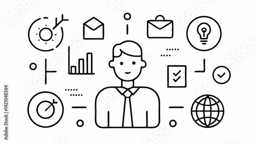 Management icon set with editable vector illustrations representing business strategy, leadership roles, planning sessions, and corporate decision-making essentials.