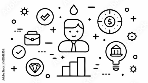 Creative editable line marketing icon set with visuals covering digital promotion, influencer strategy, market research, and SEO advertising illustrations.