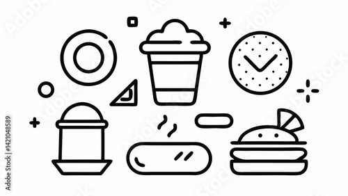 Editable meal icon set with line style graphics representing healthy food, dining concepts, cooking tools, restaurant elements, and nutrition-themed visuals.