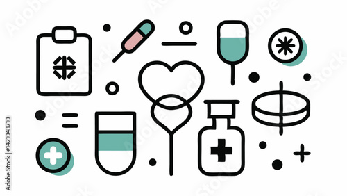 Editable healthcare icons in line style representing medical support, emergency response, hospital equipment, wellness treatments, and diagnostics visuals.
