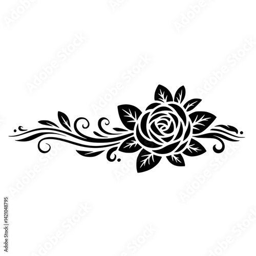 Black Floral Ornament: Elegant Rose with Foliage on White