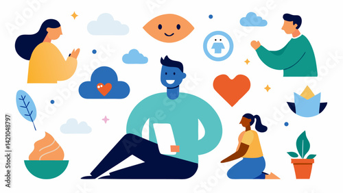 Psychotherapy and self-care concept vector illustrations highlighting emotional health, support systems, mental wellness, and professional psychological treatment themes.
