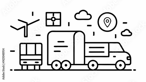 Moving service icon set in editable vector format featuring relocation trucks, moving boxes, delivery service visuals, packaging elements, and home relocation themes.