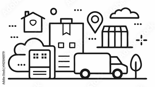 Editable icons set representing moving services with vector line illustrations of transport, packaging, delivery, relocation assistance, and moving day essentials.