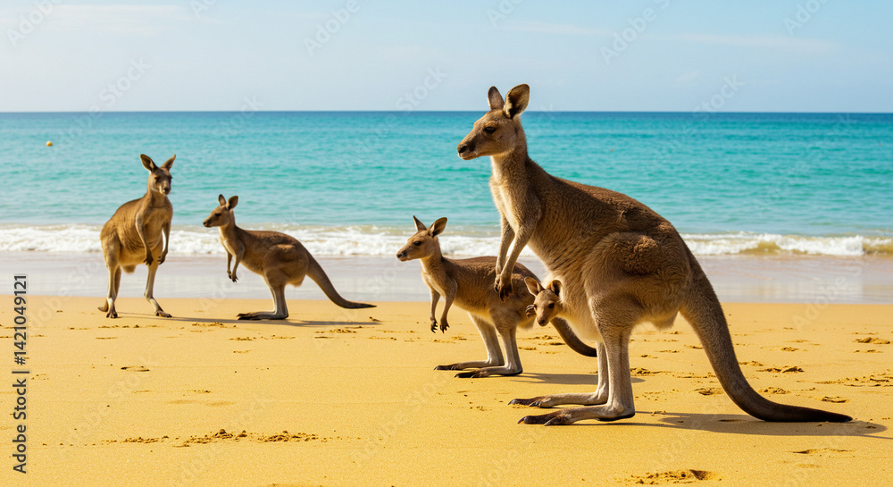 Fototapeta premium Kangaroos Standing on Beach with Ocean View in Summer
