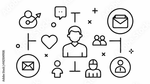 Networking themed vector illustrations in editable line style showing social connections, business relationships, digital communication, and online collaborative tools.